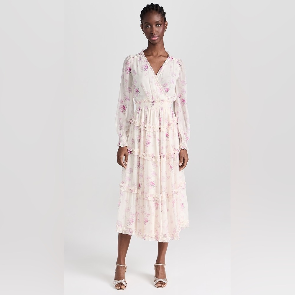 Nwt Loveshackfancy Kailo Silk Floral Tiered Maxi Dress White Size S